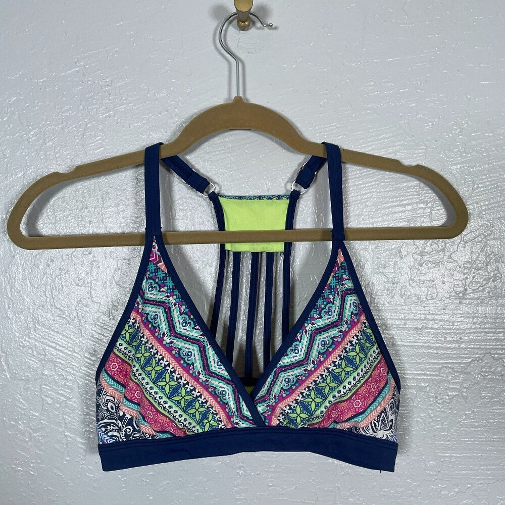 Title Nine Women XS Blue Pink Stripe Bikini Top Strappy Racerback No Pads